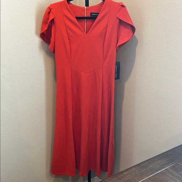Andrew Marc Orange Pink Flutter Sleeve V-Neck Midi Dress - Picture 1 of 5